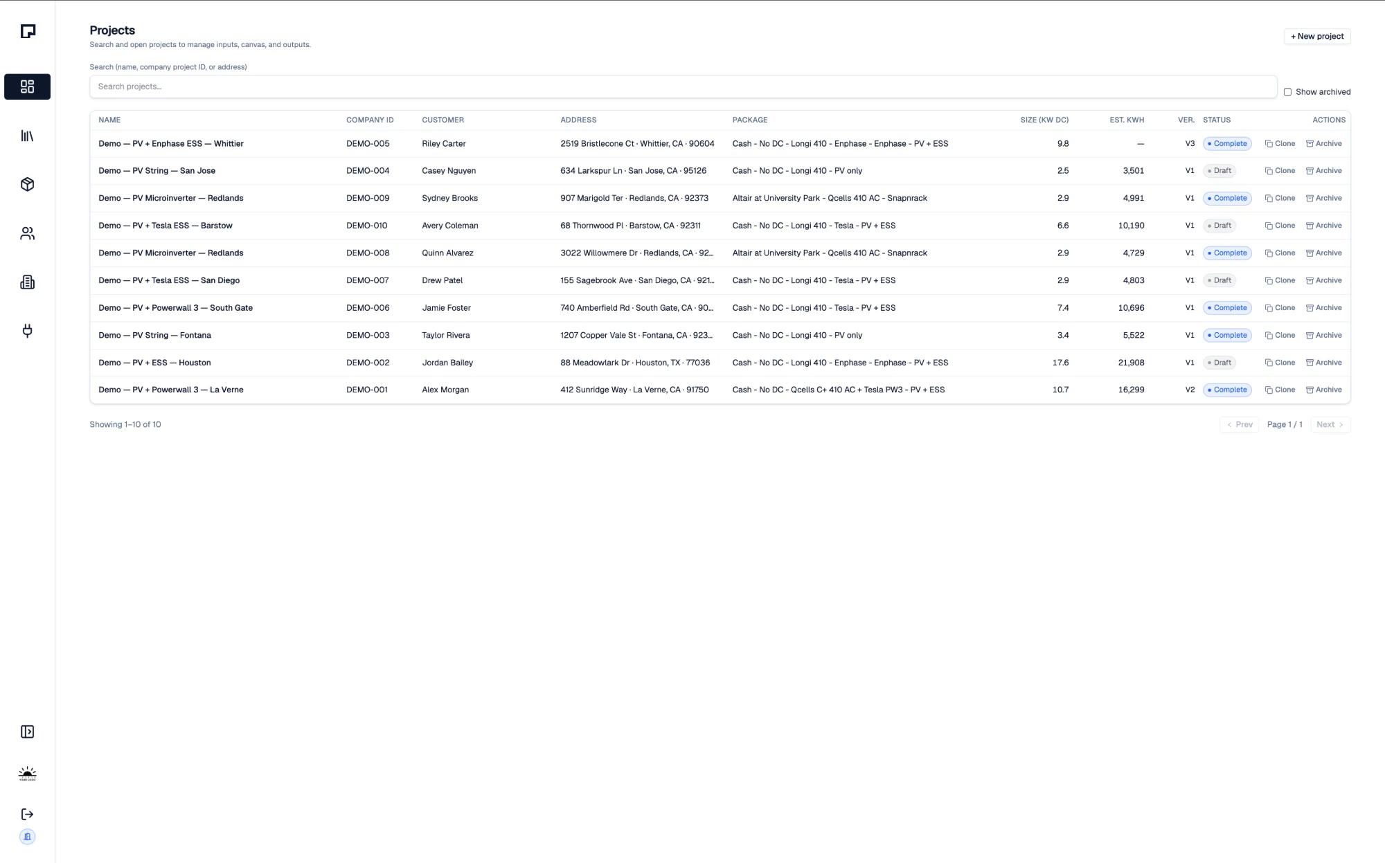 The Rayn project list — ten jobs across PV, microinverter, Tesla ESS, Powerwall 3 and Enphase ESS packages, each with its size, estimate, revision and status